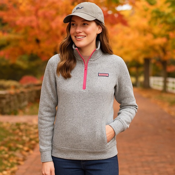Vineyard Vines Sweaters - Vineyard Vines Gray Fleece Shep Shirt Pullover Women's M Pink Quarter Zip 2016